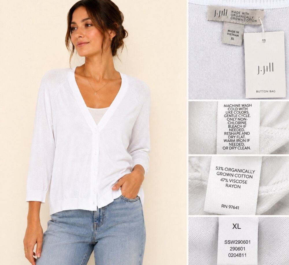 NWT Classic J.Jill Women's Button Front Cardigan Size XL White Organic Cotton